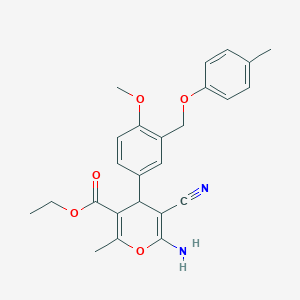 molecular formula C25H26N2O5 B453440 ethyl 6-amino-5-cyano-4-{4-methoxy-3-[(4-methylphenoxy)methyl]phenyl}-2-methyl-4H-pyran-3-carboxylate 