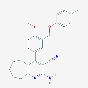 molecular formula C26H27N3O2 B453485 2-amino-4-{4-methoxy-3-[(4-methylphenoxy)methyl]phenyl}-6,7,8,9-tetrahydro-5H-cyclohepta[b]pyridine-3-carbonitrile 