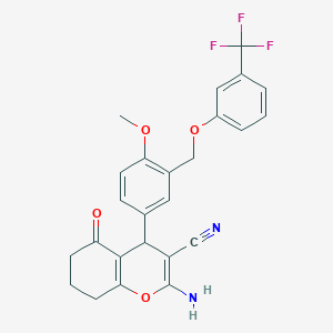 molecular formula C25H21F3N2O4 B453646 2-amino-4-(4-methoxy-3-{[3-(trifluoromethyl)phenoxy]methyl}phenyl)-5-oxo-5,6,7,8-tetrahydro-4H-chromene-3-carbonitrile 