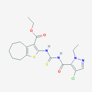molecular formula C19H23ClN4O3S2 B453657 ethyl 2-({[(4-chloro-1-ethyl-1H-pyrazol-5-yl)carbonyl]carbamothioyl}amino)-5,6,7,8-tetrahydro-4H-cyclohepta[b]thiophene-3-carboxylate 