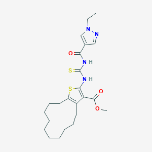 molecular formula C23H32N4O3S2 B453659 methyl 2-({[(1-ethyl-1H-pyrazol-4-yl)carbonyl]carbamothioyl}amino)-4,5,6,7,8,9,10,11,12,13-decahydrocyclododeca[b]thiophene-3-carboxylate 