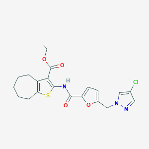 molecular formula C21H22ClN3O4S B453675 ethyl 2-({5-[(4-chloro-1H-pyrazol-1-yl)methyl]-2-furoyl}amino)-5,6,7,8-tetrahydro-4H-cyclohepta[b]thiophene-3-carboxylate 