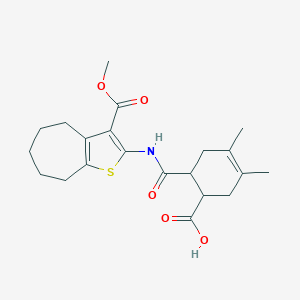 molecular formula C21H27NO5S B453685 6-[(3-methoxycarbonyl-5,6,7,8-tetrahydro-4H-cyclohepta[b]thiophen-2-yl)carbamoyl]-3,4-dimethylcyclohex-3-ene-1-carboxylic acid 
