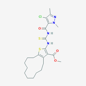 molecular formula C23H31ClN4O3S2 B453690 methyl 2-({[(4-chloro-1,3-dimethyl-1H-pyrazol-5-yl)carbonyl]carbamothioyl}amino)-4,5,6,7,8,9,10,11,12,13-decahydrocyclododeca[b]thiophene-3-carboxylate 