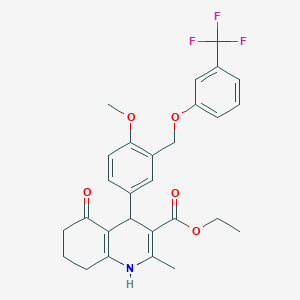 molecular formula C28H28F3NO5 B453692 Ethyl 4-(4-methoxy-3-{[3-(trifluoromethyl)phenoxy]methyl}phenyl)-2-methyl-5-oxo-1,4,5,6,7,8-hexahydro-3-quinolinecarboxylate 