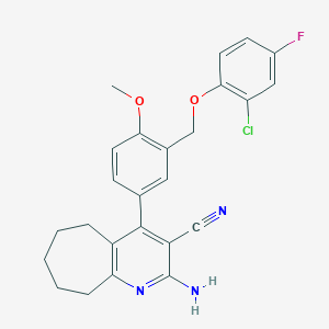 molecular formula C25H23ClFN3O2 B453702 2-amino-4-{3-[(2-chloro-4-fluorophenoxy)methyl]-4-methoxyphenyl}-6,7,8,9-tetrahydro-5H-cyclohepta[b]pyridine-3-carbonitrile 