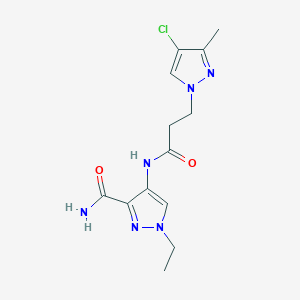 molecular formula C13H17ClN6O2 B4537031 4-{[3-(4-chloro-3-methyl-1H-pyrazol-1-yl)propanoyl]amino}-1-ethyl-1H-pyrazole-3-carboxamide 