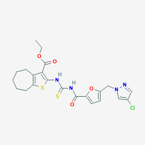ethyl 2-{[({5-[(4-chloro-1H-pyrazol-1-yl)methyl]-2-furoyl}amino)carbothioyl]amino}-5,6,7,8-tetrahydro-4H-cyclohepta[b]thiophene-3-carboxylate