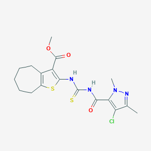 molecular formula C18H21ClN4O3S2 B453722 methyl 2-({[(4-chloro-1,3-dimethyl-1H-pyrazol-5-yl)carbonyl]carbamothioyl}amino)-5,6,7,8-tetrahydro-4H-cyclohepta[b]thiophene-3-carboxylate 
