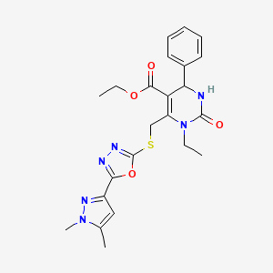molecular formula C23H26N6O4S B4537344 ethyl 6-({[5-(1,5-dimethyl-1H-pyrazol-3-yl)-1,3,4-oxadiazol-2-yl]thio}methyl)-1-ethyl-2-oxo-4-phenyl-1,2,3,4-tetrahydro-5-pyrimidinecarboxylate 