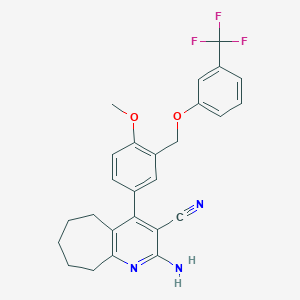molecular formula C26H24F3N3O2 B453742 2-amino-4-(4-methoxy-3-{[3-(trifluoromethyl)phenoxy]methyl}phenyl)-6,7,8,9-tetrahydro-5H-cyclohepta[b]pyridine-3-carbonitrile 
