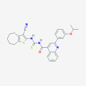 molecular formula C30H28N4O2S2 B453768 N-[(3-cyano-5,6,7,8-tetrahydro-4H-cyclohepta[b]thiophen-2-yl)carbamothioyl]-2-[3-(propan-2-yloxy)phenyl]quinoline-4-carboxamide 