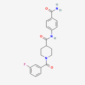 molecular formula C20H20FN3O3 B4537797 N-[4-(aminocarbonyl)phenyl]-1-(3-fluorobenzoyl)-4-piperidinecarboxamide 