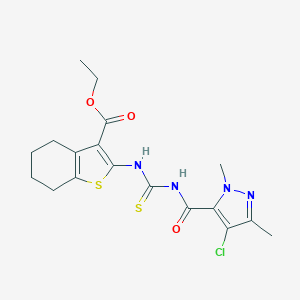 molecular formula C18H21ClN4O3S2 B453848 ethyl 2-({[(4-chloro-1,3-dimethyl-1H-pyrazol-5-yl)carbonyl]carbamothioyl}amino)-4,5,6,7-tetrahydro-1-benzothiophene-3-carboxylate 
