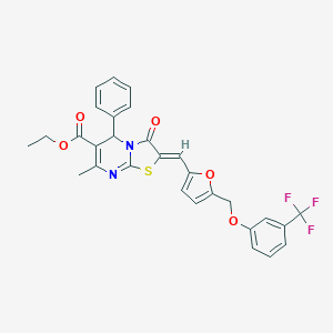molecular formula C29H23F3N2O5S B453859 ethyl 7-methyl-3-oxo-5-phenyl-2-[(5-{[3-(trifluoromethyl)phenoxy]methyl}-2-furyl)methylene]-2,3-dihydro-5H-[1,3]thiazolo[3,2-a]pyrimidine-6-carboxylate 