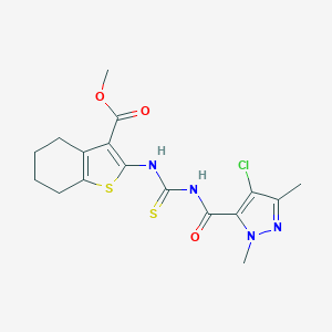 molecular formula C17H19ClN4O3S2 B453860 methyl 2-[({[(4-chloro-1,3-dimethyl-1H-pyrazol-5-yl)carbonyl]amino}carbothioyl)amino]-4,5,6,7-tetrahydro-1-benzothiophene-3-carboxylate 