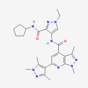molecular formula C26H33N9O2 B4538629 N-{3-[(cyclopentylamino)carbonyl]-1-ethyl-1H-pyrazol-4-yl}-1,3-dimethyl-6-(1,3,5-trimethyl-1H-pyrazol-4-yl)-1H-pyrazolo[3,4-b]pyridine-4-carboxamide 