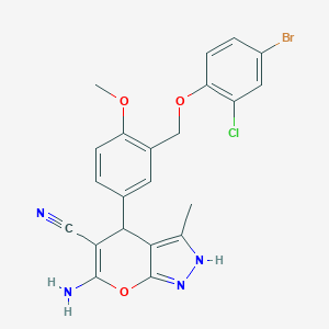 molecular formula C22H18BrClN4O3 B453864 6-Amino-4-{3-[(4-bromo-2-chlorophenoxy)methyl]-4-methoxyphenyl}-3-methyl-1,4-dihydropyrano[2,3-c]pyrazole-5-carbonitrile 