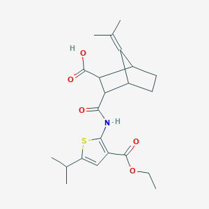 molecular formula C22H29NO5S B453882 3-({[3-(Ethoxycarbonyl)-5-isopropyl-2-thienyl]amino}carbonyl)-7-(1-methylethylidene)bicyclo[2.2.1]heptane-2-carboxylic acid 