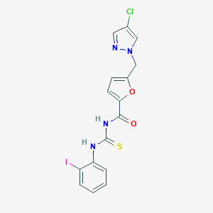 molecular formula C16H12ClIN4O2S B453884 5-[(4-chloro-1H-pyrazol-1-yl)methyl]-N-[(2-iodophenyl)carbamothioyl]furan-2-carboxamide 