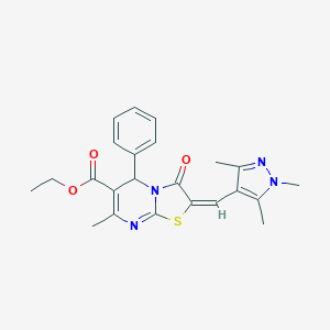 molecular formula C23H24N4O3S B453893 (E)-ethyl 7-methyl-3-oxo-5-phenyl-2-((1,3,5-trimethyl-1H-pyrazol-4-yl)methylene)-3,5-dihydro-2H-thiazolo[3,2-a]pyrimidine-6-carboxylate CAS No. 494219-22-6