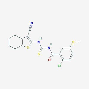 molecular formula C18H16ClN3OS3 B453894 2-chloro-N-[(3-cyano-4,5,6,7-tetrahydro-1-benzothiophen-2-yl)carbamothioyl]-5-(methylsulfanyl)benzamide 