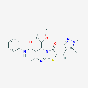 molecular formula C25H23N5O3S B453896 (2E)-2-[(1,5-dimetil-1H-pirazolil-4-il)metilideno]-7-metil-5-(5-metilfuran-2-il)-3-oxo-N-fenil-2H,3H,5H-[1,3]tiazolo[3,2-a]pirimidina-6-carboxamida CAS No. 494219-40-8