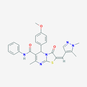 molecular formula C27H25N5O3S B453897 (2E)-2-[(1,5-二甲基吡唑-4-基)亚甲基]-5-(4-甲氧基苯基)-7-甲基-3-氧代-N-苯基-5H-[1,3]噻唑并[3,2-a]嘧啶-6-甲酰胺 CAS No. 515874-32-5