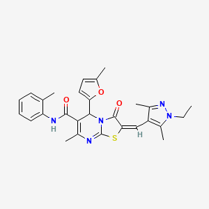molecular formula C28H29N5O3S B4538970 2-[(1-ethyl-3,5-dimethyl-1H-pyrazol-4-yl)methylene]-7-methyl-5-(5-methyl-2-furyl)-N-(2-methylphenyl)-3-oxo-2,3-dihydro-5H-[1,3]thiazolo[3,2-a]pyrimidine-6-carboxamide 