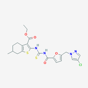 molecular formula C22H23ClN4O4S2 B453901 2-[[[[[5-[(4-Chloro-1-pyrazolyl)methyl]-2-furanyl]-oxomethyl]amino]-sulfanylidenemethyl]amino]-6-methyl-4,5,6,7-tetrahydro-1-benzothiophene-3-carboxylic acid ethyl ester 
