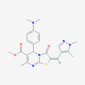 molecular formula C23H25N5O3S B453902 (E)-methyl 2-((1,5-dimethyl-1H-pyrazol-4-yl)methylene)-5-(4-(dimethylamino)phenyl)-7-methyl-3-oxo-3,5-dihydro-2H-thiazolo[3,2-a]pyrimidine-6-carboxylate CAS No. 494219-44-2