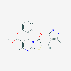 molecular formula C21H20N4O3S B453906 (E)-methyl 2-((1,5-dimethyl-1H-pyrazol-4-yl)methylene)-7-methyl-3-oxo-5-phenyl-3,5-dihydro-2H-thiazolo[3,2-a]pyrimidine-6-carboxylate CAS No. 494219-48-6