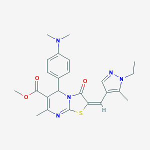 molecular formula C24H27N5O3S B453910 (E)-methyl 5-(4-(dimethylamino)phenyl)-2-((1-ethyl-5-methyl-1H-pyrazol-4-yl)methylene)-7-methyl-3-oxo-3,5-dihydro-2H-thiazolo[3,2-a]pyrimidine-6-carboxylate CAS No. 494219-53-3