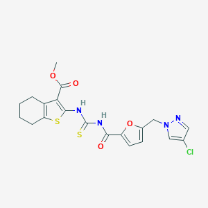 molecular formula C20H19ClN4O4S2 B453914 methyl 2-{[({5-[(4-chloro-1H-pyrazol-1-yl)methyl]furan-2-yl}carbonyl)carbamothioyl]amino}-4,5,6,7-tetrahydro-1-benzothiophene-3-carboxylate 