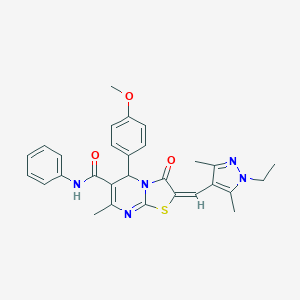 molecular formula C29H29N5O3S B453915 2-[(1-ethyl-3,5-dimethyl-1H-pyrazol-4-yl)methylene]-5-(4-methoxyphenyl)-7-methyl-3-oxo-N-phenyl-2,3-dihydro-5H-[1,3]thiazolo[3,2-a]pyrimidine-6-carboxamide 