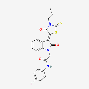 molecular formula C22H18FN3O3S2 B4539224 N-(4-fluorophenyl)-2-[2-oxo-3-(4-oxo-3-propyl-2-thioxo-1,3-thiazolidin-5-ylidene)-2,3-dihydro-1H-indol-1-yl]acetamide 