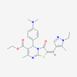 (E)-ethyl 5-(4-(dimethylamino)phenyl)-2-((1-ethyl-5-methyl-1H-pyrazol-4-yl)methylene)-7-methyl-3-oxo-3,5-dihydro-2H-thiazolo[3,2-a]pyrimidine-6-carboxylate