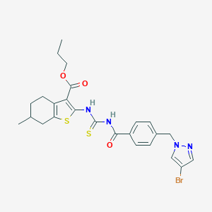 molecular formula C25H27BrN4O3S2 B453930 propyl 2-{[({4-[(4-bromo-1H-pyrazol-1-yl)methyl]benzoyl}amino)carbothioyl]amino}-6-methyl-4,5,6,7-tetrahydro-1-benzothiophene-3-carboxylate 