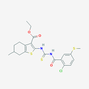 molecular formula C21H23ClN2O3S3 B453932 Ethyl 2-[({[2-chloro-5-(methylsulfanyl)benzoyl]amino}carbothioyl)amino]-6-methyl-4,5,6,7-tetrahydro-1-benzothiophene-3-carboxylate 