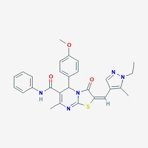 molecular formula C28H27N5O3S B453933 (2E)-2-[(1-ethyl-5-methyl-1H-pyrazol-4-yl)methylidene]-5-(4-methoxyphenyl)-7-methyl-3-oxo-N-phenyl-2,3-dihydro-5H-[1,3]thiazolo[3,2-a]pyrimidine-6-carboxamide 