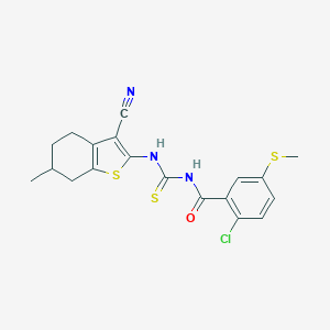 molecular formula C19H18ClN3OS3 B453935 2-chloro-N-[(3-cyano-6-methyl-4,5,6,7-tetrahydro-1-benzothiophen-2-yl)carbamothioyl]-5-(methylsulfanyl)benzamide 