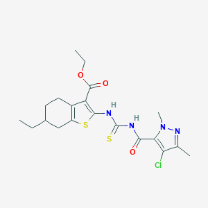 molecular formula C20H25ClN4O3S2 B453944 ethyl 2-[({[(4-chloro-1,3-dimethyl-1H-pyrazol-5-yl)carbonyl]amino}carbothioyl)amino]-6-ethyl-4,5,6,7-tetrahydro-1-benzothiophene-3-carboxylate 