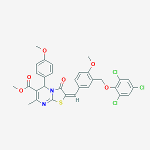 molecular formula C31H25Cl3N2O6S B453998 methyl 5-(4-methoxyphenyl)-2-{4-methoxy-3-[(2,4,6-trichlorophenoxy)methyl]benzylidene}-7-methyl-3-oxo-2,3-dihydro-5H-[1,3]thiazolo[3,2-a]pyrimidine-6-carboxylate 