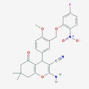 molecular formula C26H24FN3O6 B454064 2-amino-4-[3-({5-fluoro-2-nitrophenoxy}methyl)-4-methoxyphenyl]-7,7-dimethyl-5-oxo-5,6,7,8-tetrahydro-4H-chromene-3-carbonitrile 