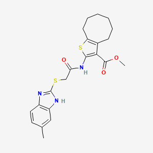 molecular formula C22H25N3O3S2 B4540752 methyl 2-({[(5-methyl-1H-benzimidazol-2-yl)thio]acetyl}amino)-4,5,6,7,8,9-hexahydrocycloocta[b]thiophene-3-carboxylate 