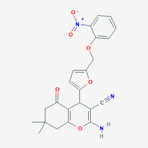 molecular formula C23H21N3O6 B454093 2-amino-4-[5-({2-nitrophenoxy}methyl)-2-furyl]-7,7-dimethyl-5-oxo-5,6,7,8-tetrahydro-4H-chromene-3-carbonitrile 
