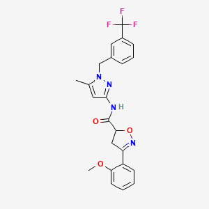 molecular formula C23H21F3N4O3 B4541232 3-(2-methoxyphenyl)-N-{5-methyl-1-[3-(trifluoromethyl)benzyl]-1H-pyrazol-3-yl}-4,5-dihydro-5-isoxazolecarboxamide 