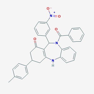 molecular formula C33H27N3O4 B454155 10-benzoyl-11-{3-nitrophenyl}-3-(4-methylphenyl)-2,3,4,5,10,11-hexahydro-1H-dibenzo[b,e][1,4]diazepin-1-one 