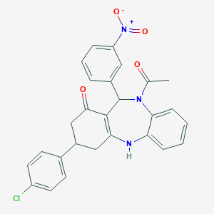 molecular formula C27H22ClN3O4 B454157 10-acetyl-3-(4-chlorophenyl)-11-(3-nitrophenyl)-2,3,4,5,10,11-hexahydro-1H-dibenzo[b,e][1,4]diazepin-1-one 