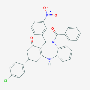 molecular formula C32H24ClN3O4 B454162 10-benzoyl-3-(4-chlorophenyl)-11-{3-nitrophenyl}-2,3,4,5,10,11-hexahydro-1H-dibenzo[b,e][1,4]diazepin-1-one 